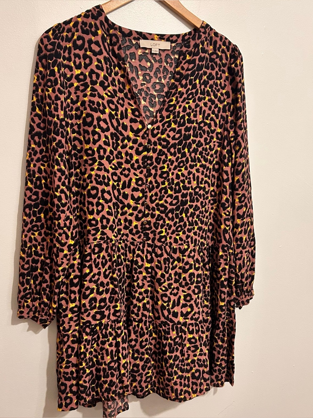 LOFT Leopard Print Long Sleeve Tunic Dress in Pink and Yellow